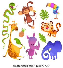 Cartoon tropical animals set. Toucan, monkey, tiger, snake, elephant, rhino, giraffe. Vector illustrations isolated