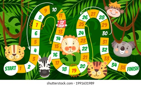 Cartoon Tropical Animals Vector Kids Board Game Or Maze. Start To Finish Dice Boardgame, Roll And Move Puzzle Or Riddle On Jungle Forest Background With Lion, Tiger And Monkey, Zebra, Jaguar And Koala