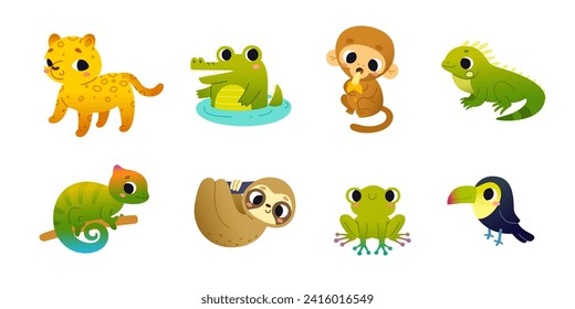 Cartoon tropical baby animals set. Vector collection of cute colorful jungle mammals for kids.
