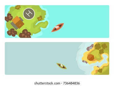 Cartoon tropical brochure exotic island in ocean top view exotic lagoon map caribbean aerial sprite seascape tourism paradise coast vector illustration.