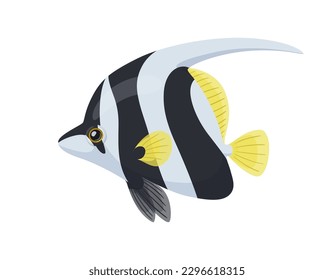Cartoon tropical butterfly fish Heniochus acuminatus. White and black exotic fish with yellow fins. Aquarium beautiful and cute fish vector illustration isolated on white background
