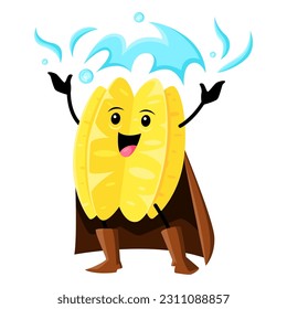 Cartoon tropical carambola fruit wizard, warlock or mage or character. Vector star fruit magician with magic energy power or prana casting spell. Funny sorcerer in cape, healthy fascinator personage