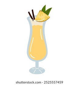 Cartoon tropical cocktail isolated on white background. Vector illustration of pina colada cocktail. Hand drawn summer beverage with pineapple and straw.