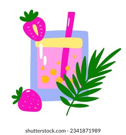 Cartoon tropical cocktail. Pink layers drink on white background. Hand drawn liquor with straw, strawberry, leaves, bubbles. Beverage, soda, juice in glass. Vector summer holiday bar illustration