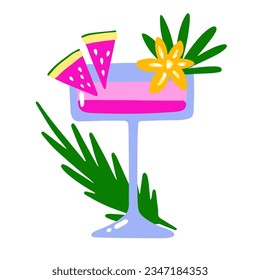 Cartoon tropical cocktail. Pink layers drink on white background. Hand drawn liquor with watermelon, leaves, flower. Beverage, soda, juice in stemmed glass. Vector summer holiday bar illustration