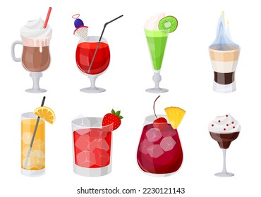 Cartoon tropical cocktails with ice and juice vector. Alcohol drink and non-alcoholic beverage isolated party set. Fresh aperitif icon for restaurant cocktail-hall menu illustration