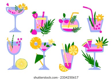 Cartoon tropical cocktails set. Color drinks on white background. Hand drawn liquor with straws, fruits, berries, leaves, spices. Beverage, soda, juice in glasses. Vector summer holiday illustration