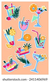 Cartoon tropical cocktails sticker set. Color Drinks on Peach background. Hand-drawn liquor with straws, fruits, berries, leaves, spices. Beverage, soda, juice in glasses. Vector summer illustration