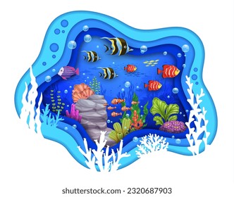 Cartoon tropical corals, fish shoal and seaweeds in sea paper cut, vector underwater landscape. Undersea exotic coral reef in paper cut or cutout with ocean water waves and fish silhouette background