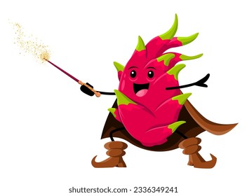 Cartoon tropical dragon fruit wizard or magician character. Vector pitahaya magic personage in cloak with wand. Warlock, wiz or sorcerer, fruity enchanter, isolated necromancer casts witchcraft spell