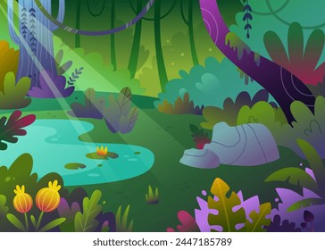 Cartoon tropical empty landscape. Jungle stylized vector background. Bright rainforest.