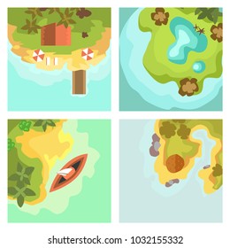 Cartoon tropical exotic island in ocean top view exotic lagoon map caribbean aerial sprite seascape tourism paradise coast vector illustration.