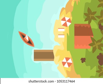 Cartoon tropical exotic island in ocean top view exotic lagoon map caribbean aerial sprite seascape tourism paradise coast vector illustration.