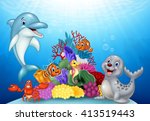 Cartoon tropical fish with Beautiful Underwater World