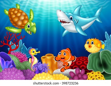 Cartoon tropical fish and beautiful underwater world with corals