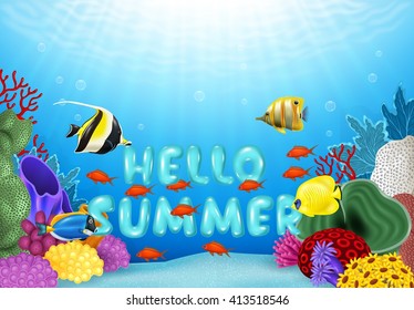 Cartoon tropical fish with beautiful underwater world