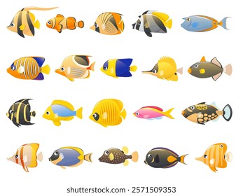 Cartoon tropical fish. Exotic aquarium life, bright colorful underwater inhabitants, ocean wildlife, patterned marine creations, Caribbean sea undersea goldfish vector isolated set