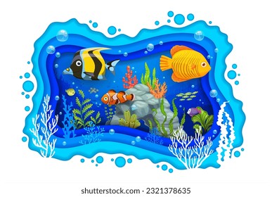 Dibujo de peces tropicales y papel marino cortados por el paisaje submarino, algas marinas y corales en papel vector. Peces tropicales exóticos de arrecife de coral cortados en papel submarino, olas oceánicas o marinas y burbujas de agua