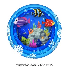 Cartoon tropical fish, seaweeds and sea in paper cut, vector underwater landscape or undersea world. Coral reef in sea or ocean water papercut, underwater world with exotic fishes and corals on rocks