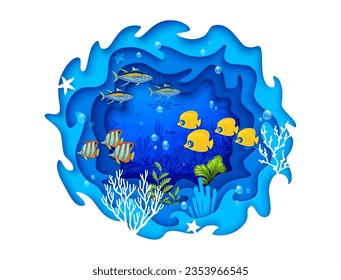 Caricatura de peces tropicales y papel submarino cortando el paisaje. La pancarta vectorial 3d incluye un colorido atún exótico, peces ángeles o mariposas nadando en aguas submarinas con corales y algas marinas