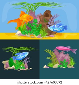 cartoon tropical fish swimming in nature undersea diving, home aquarium colorful decoration underwater element reef and coral vector illustration.Sea and blue ocean background
