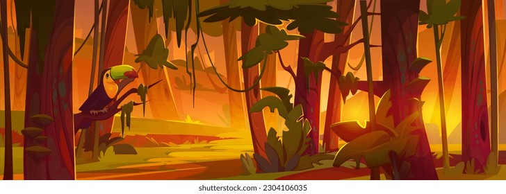 Cartoon tropical forest with toucan on tree. Vector illustration of exotic bird sitting on branch in green rainforest with lianas and plants lit by orange sunset light. Adventure game background