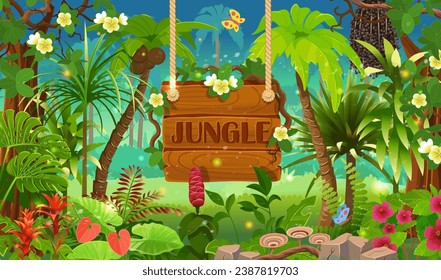 Cartoon tropical forest with wooden board. Jungle forest view. Jungle with green tropical trees, plants, shrubs and flowers. Wildlife panoramic with landscape. Vector cartoon illustration. Game design