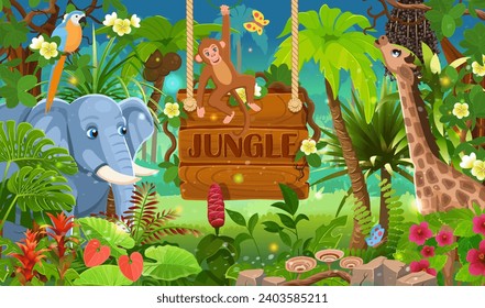 Cartoon tropical forest with wooden board and animals, elephant, monkey, parrot, giraffe. Jungle forest view. Jungle with green tropical trees, plants, shrubs and flowers. Wildlife panoramic  