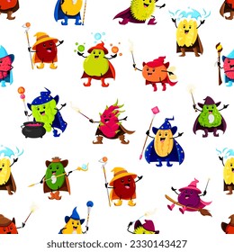 Cartoon tropical fruit mage, wizard and warlock characters seamless pattern. Vector tile with dragon or carambola, plum, feijoa and lychee. Grape, mango, figs, bergamot or orange witches and sorcerers