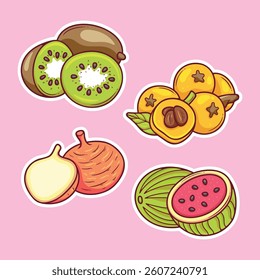 Cartoon Tropical Fruit Sticker Set on Pink Background