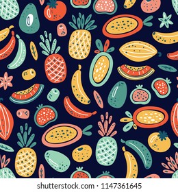 Cartoon Tropical Fruits and Berries Vector Seamless Pattern. Colorful Fruit Wallpaper. Healthy Summer Food Background