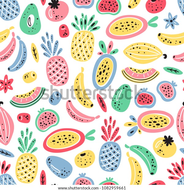 熱帯のフルーツとベリーのベクター画像シームレスパターン カラフルなフルーツの壁紙 健康的な夏の食べ物の背景 のベクター画像素材 ロイヤリティフリー