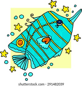 cartoon tropical funny blue fish, picture to print on a t-shirt, isolated on white background