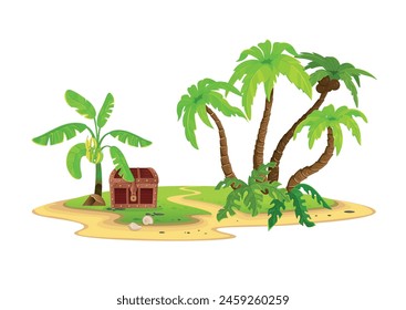 Cartoon tropical island with closed chest on a white background. Vector illustration.
