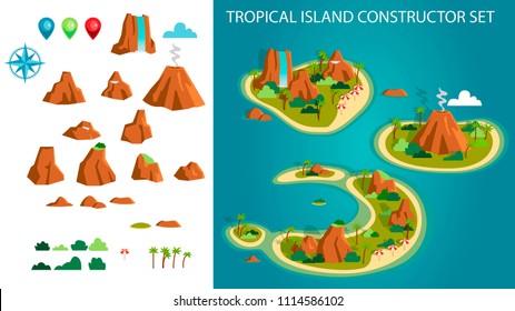 Cartoon tropical island constructor set. Isolated cartoon landscape constructor set with isolated palms reefs beach umbrellas  trees  hills rocks mountains grass clouds  for combining banners