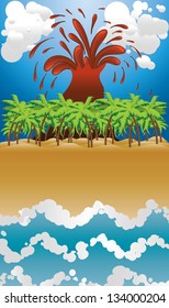 Cartoon tropical island with exploding volcano background.