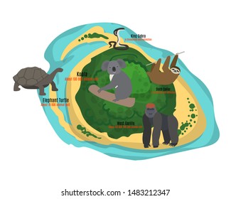 Cartoon tropical island in ocean with exotic animals vector illustration. Top view island sprite. Koala, king cobra, gorilla and turtle, sloth vanishing animals.