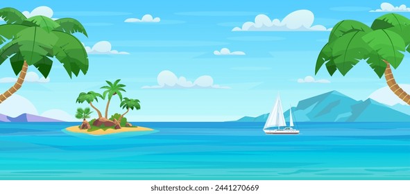 Cartoon tropical island with palm trees. Island in ocean, uninhabited isle with beach, rocks surrounded with sea water and cloudy sky above. Tropical landscape. Vector illustration in flat style