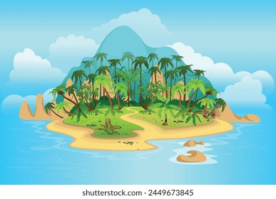 Cartoon tropical island with palm trees. mountains, blue ocean, flowers and vines. Vector illustration