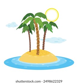 Cartoon tropical island with palm trees growing on sand surrounded by blue ocean water