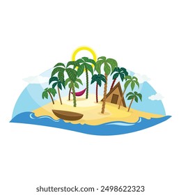 Cartoon tropical island with palms, bungalow, hammock and boat surrounded by blue ocean waves under the shining sun