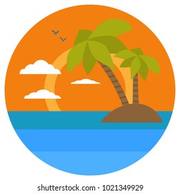 Cartoon Tropical island, palms, dolphin. Summer Banners with marine symbols. Vector illustration. Tropical sunset. I love summer concept
