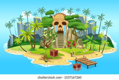 Cartoon tropical island with skull mountain cave with stairs, palm trees. mountains, blue ocean, flowers and vines. Vector illustration.