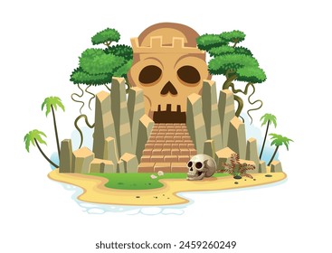 Cartoon tropical island with skull mountain cave with stairs, palm trees. mountains, on a white background. Vector illustration.