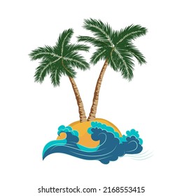 Cartoon tropical island with two palm trees. Island in ocean vector illustration.