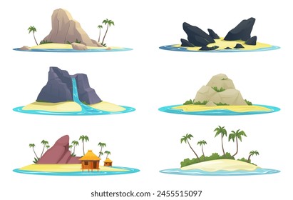 Cartoon tropical islands. Beautiful natural landscapes. Rocks or palm trees. Mountain waterfall. Sandy beach. Sea coast. Summer adventure. Holidays in nature. Vector