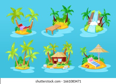 Cartoon tropical islands, tropical hotels waterfalls, hammocks in ocean with palm trees, bungalow, volcano, waterfall. Summer landscape of nature, for relaxation, travel scenery vector