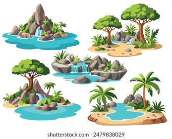 Islas tropicales de dibujos animados. Palmeras, embalses y árboles, rocas y cascadas, vacaciones de fin de semana de verano, paisajes de juego Elementos. Paraíso de arena deshabitada. Mar Caribe, Vector aislado