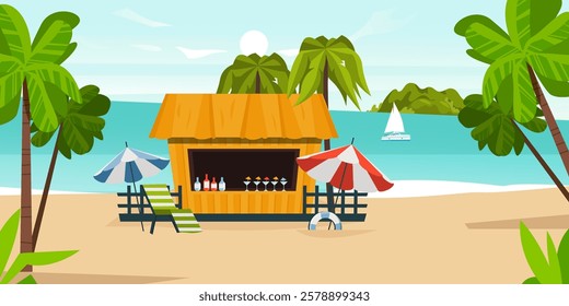 Cartoon tropical landscape with sand, water, palm trees, beach bar, umbrellas, deck chair, lifebuoy and a sailing boat on the turquoise sea