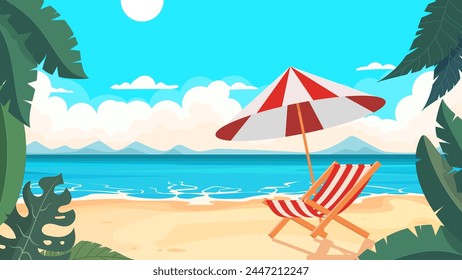 Cartoon tropical landscape with sun lounger overlooking the ocean